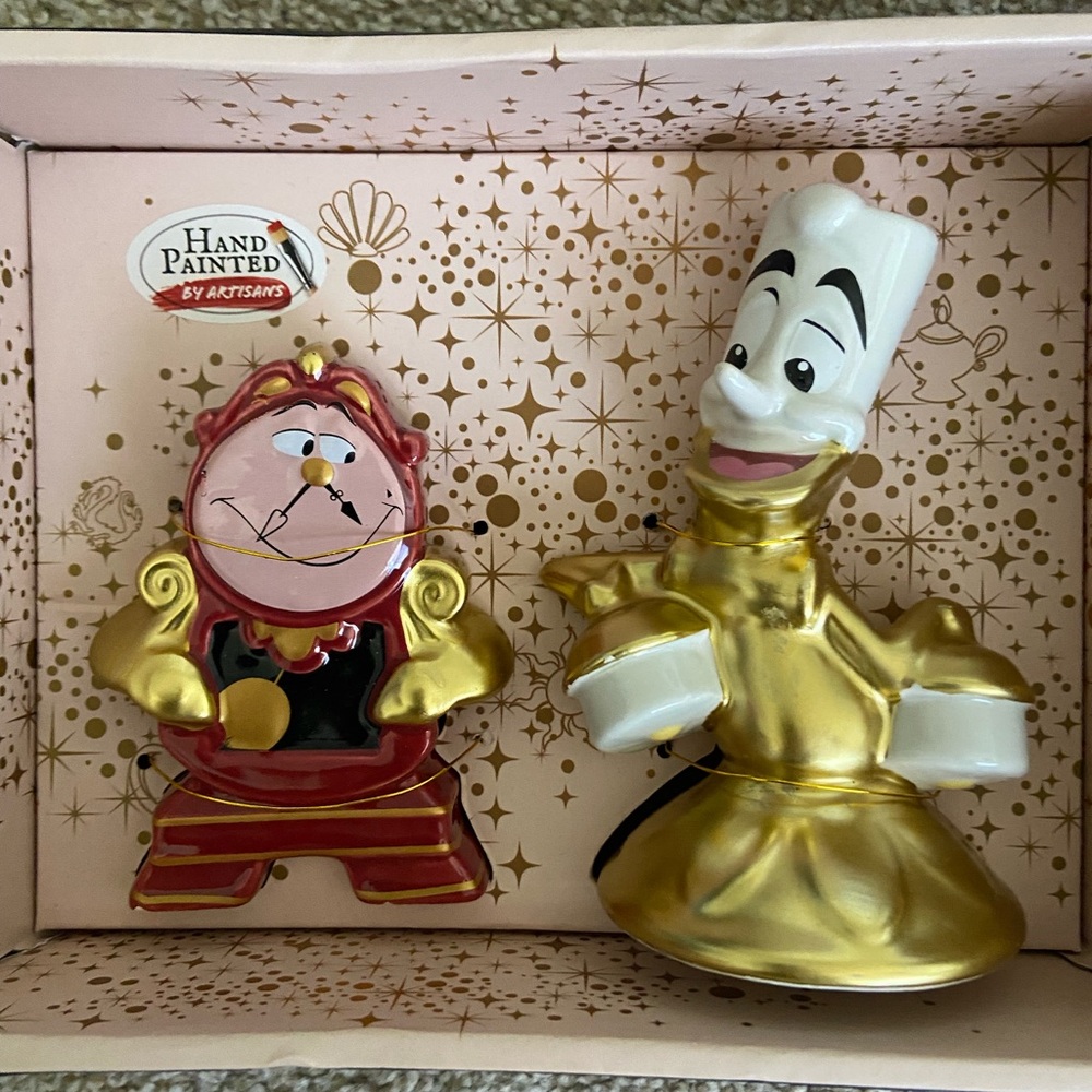 Beauty and the Beast Cogsworth and Lumiere Salt & Pepper Shakers NIB